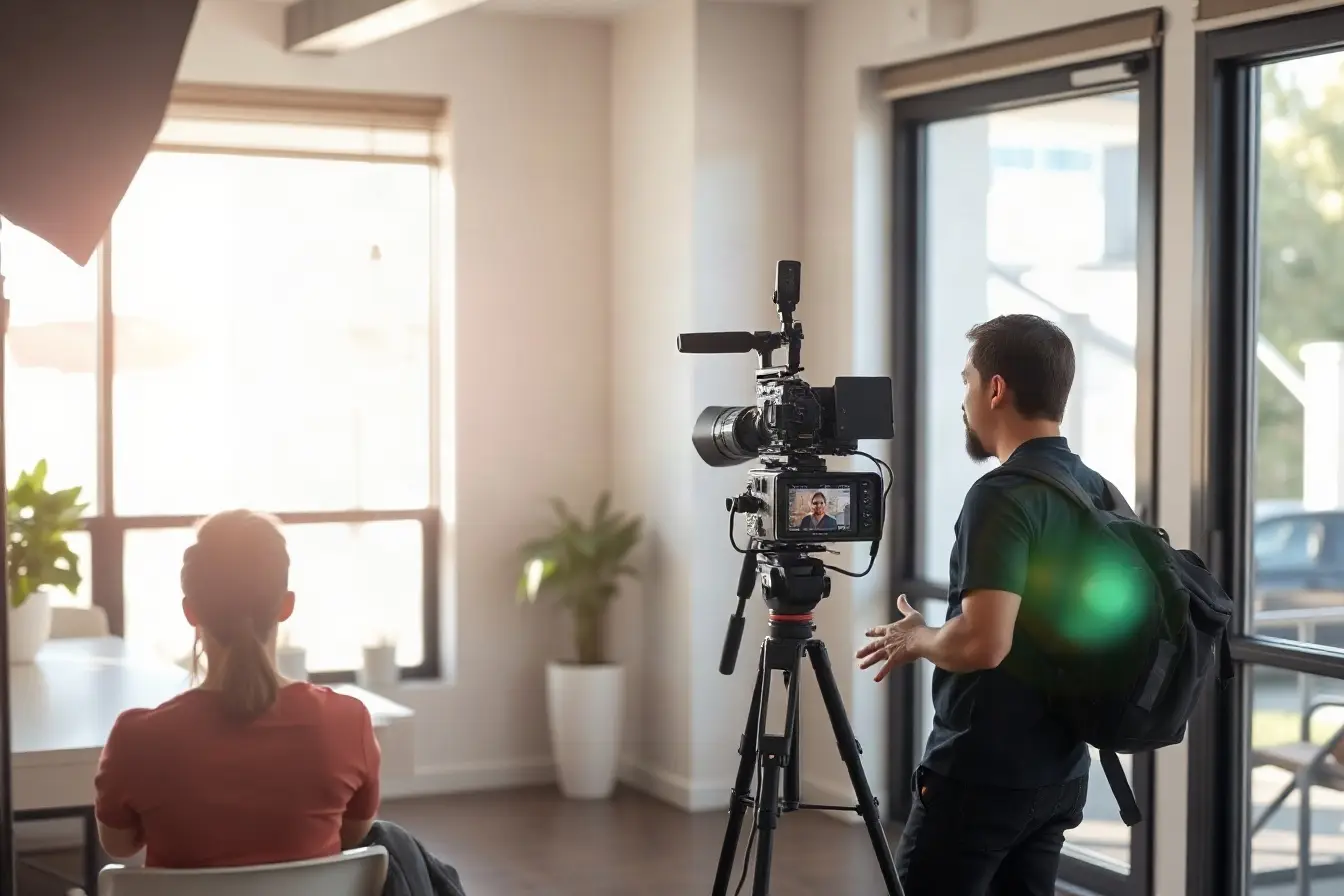 Video crew filming a client interview in a sunlit Oakland office