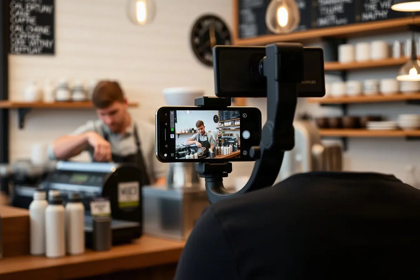 Videographer filming a barista with a phone and gimbal